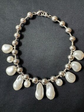 Baroque Pearl Charm Anklet - Silver Tone Chunky Silver Bead - 12”